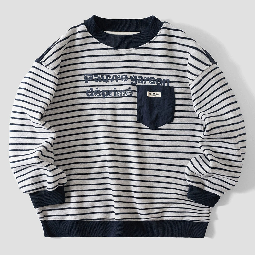 Boys Grey Stripe Fleece Sweatshirt Fashion Pullover with Little Pocket