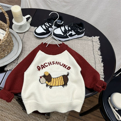 Boys Red and White Knit Sweater Colorblock Pullover with Puppy Print