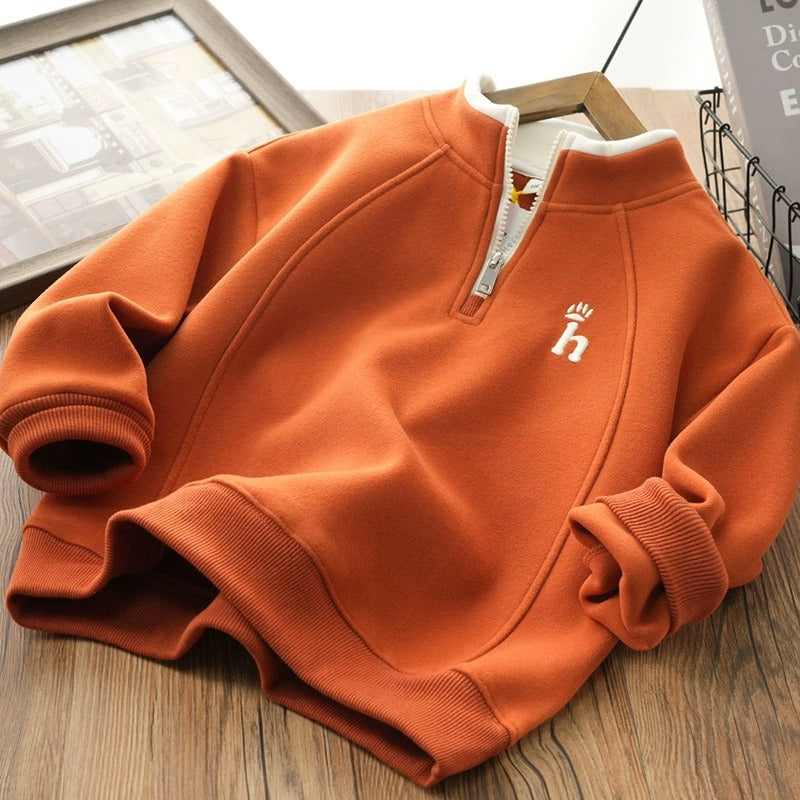 Boys Warm Fleece Hoodie Orange Half-Zip Pullover with h Letter Design