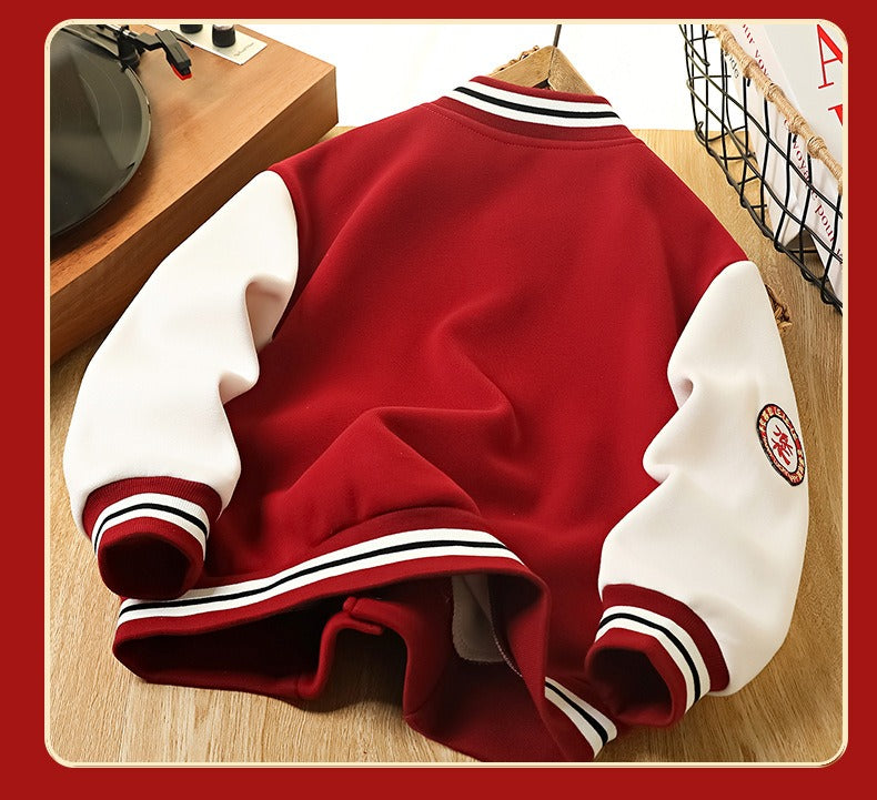Classic Red & White Kids Embroidered Varsity Jacket Winter Fleece Coat