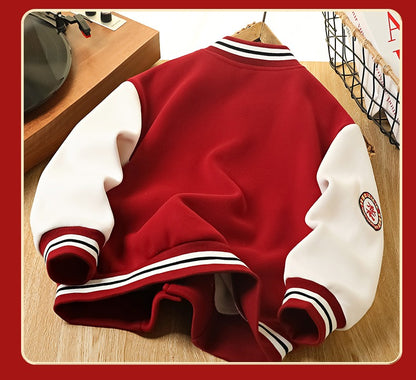 Classic Red & White Kids Embroidered Varsity Jacket Winter Fleece Coat