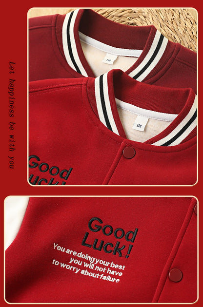 Classic Red & White Kids Embroidered Varsity Jacket Winter Fleece Coat