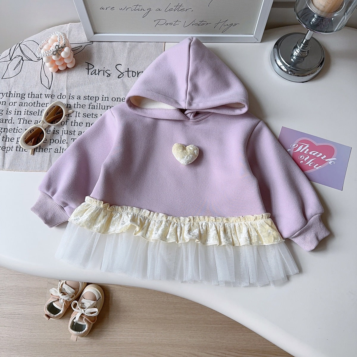 Girls' 2-Piece Winter Set Fleece-Lined Hoodie &amp; Lace Trim Joggers (Ages 3-8)