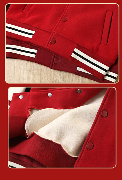 Classic Red & White Kids Embroidered Varsity Jacket Winter Fleece Coat