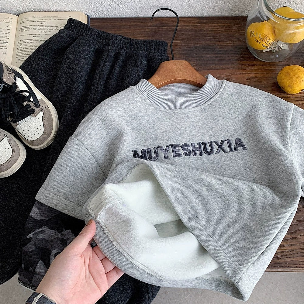 Boys Camo Sweatshirt Gray Fleece-Lined Pullover with Camouflage Sleeves