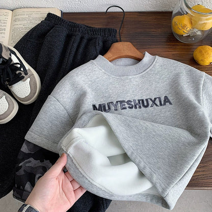 Boys Camo Sweatshirt Gray Fleece-Lined Pullover with Camouflage Sleeves