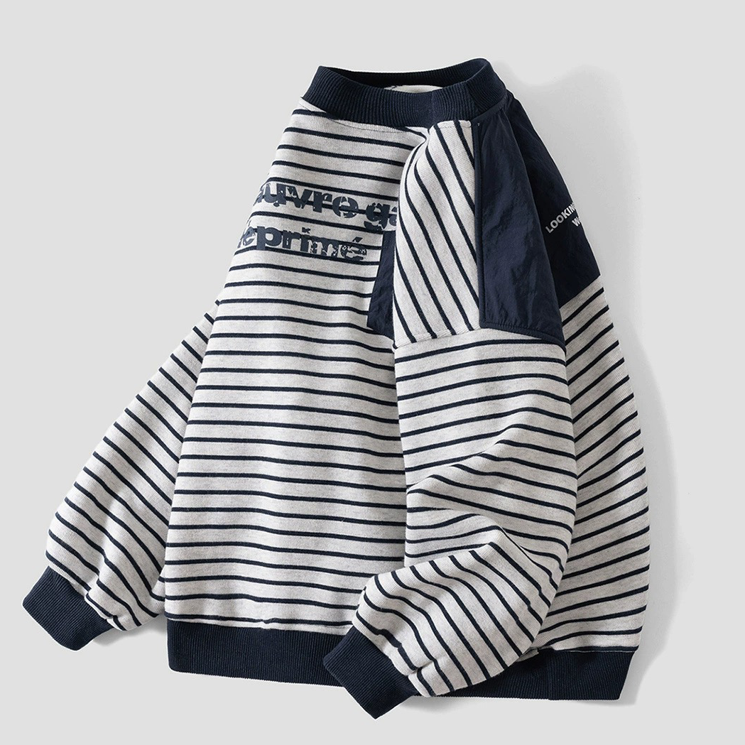 Boys Grey Stripe Fleece Sweatshirt Fashion Pullover with Little Pocket