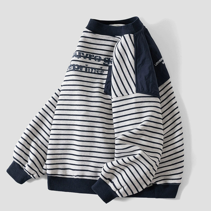 Boys Grey Stripe Fleece Sweatshirt Fashion Pullover with Little Pocket