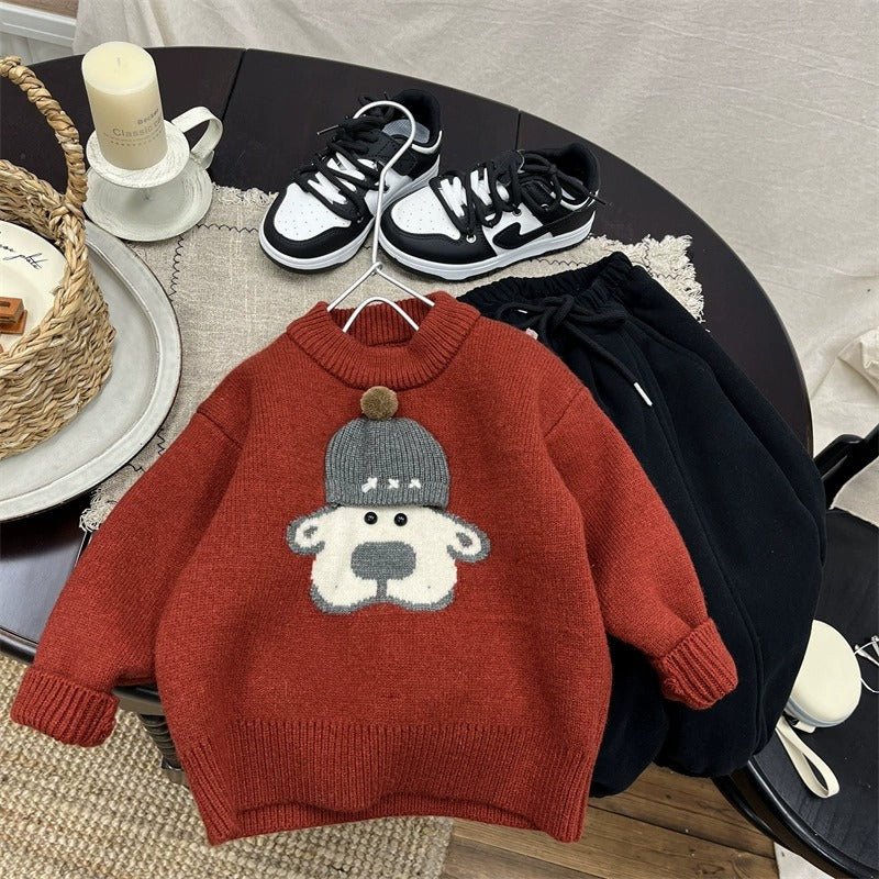 Boys Red Knit Fleece Sweater Round Neck Top with Dog-in-Hat Decor