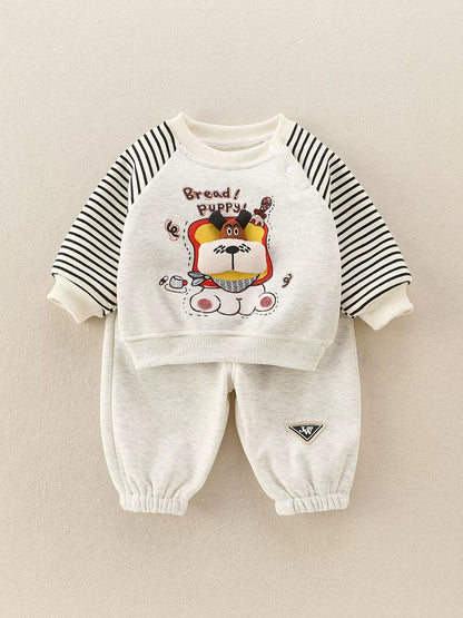 Baby Boy Two-Piece Set Outfit with 3D Dog Pattern Fleece-Lined Grey Pullover and Pants