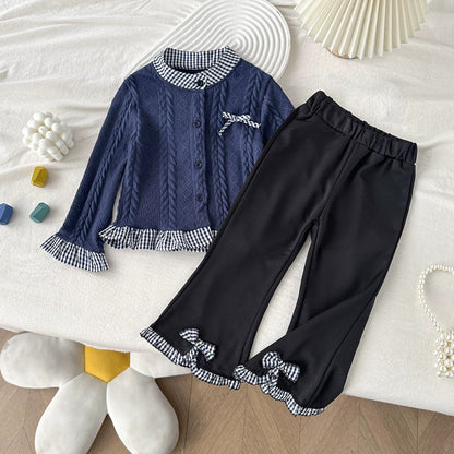 Girls Navy Blue Knit Cardigan and Flared Pants Fashion 2-Piece Set for 2T-8 Years