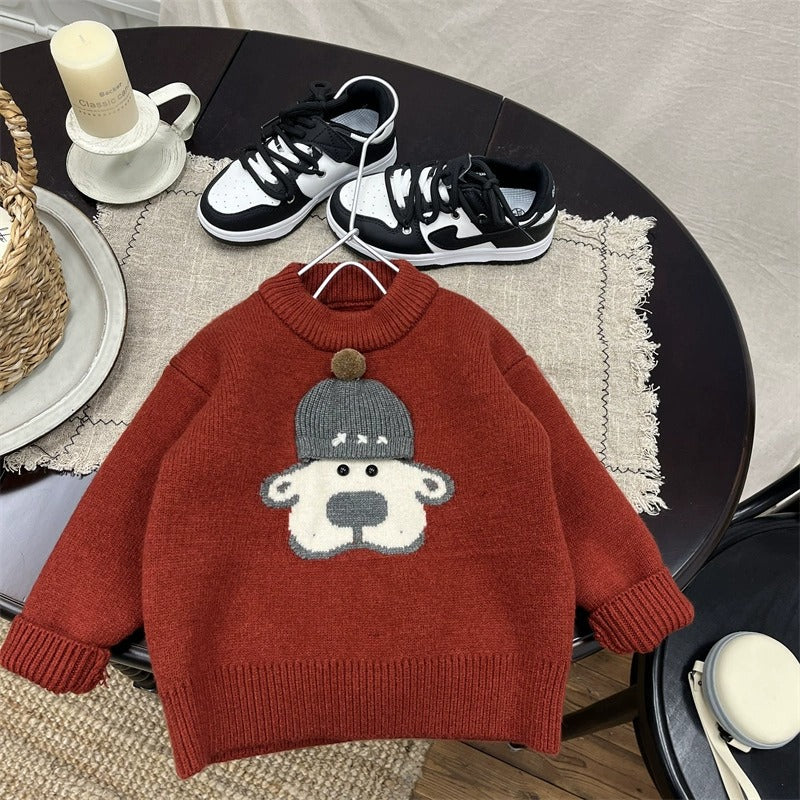 Boys Red Knit Fleece Sweater Round Neck Top with Dog-in-Hat Decor