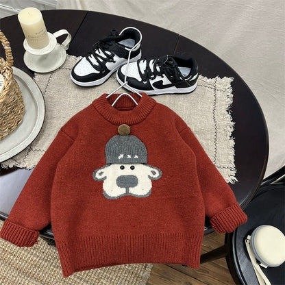 Boys Red Knit Fleece Sweater Round Neck Top with Dog-in-Hat Decor