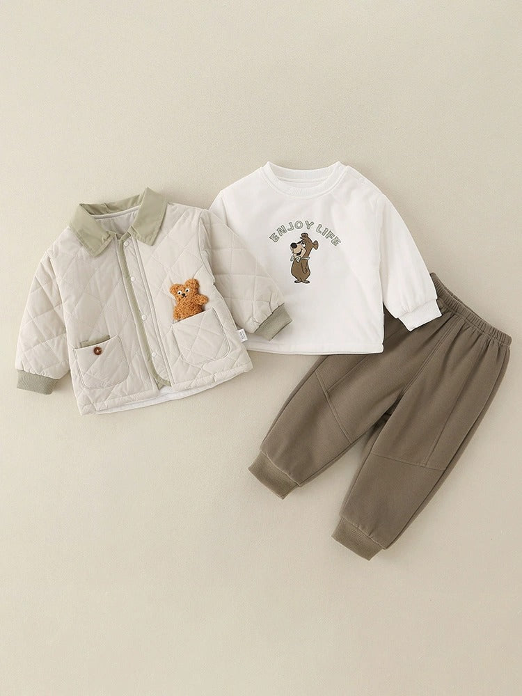 Baby Boys' 3-Piece Set Quilted Bear Print Jacket and Long Sleeve Shirt & Pants