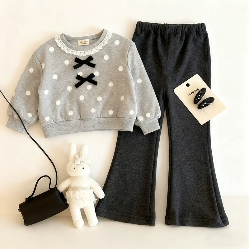 Girls Two-Piece Outfit Set Grey Polka Dot Top with Bow Detail & Black Bell Bottom Pants