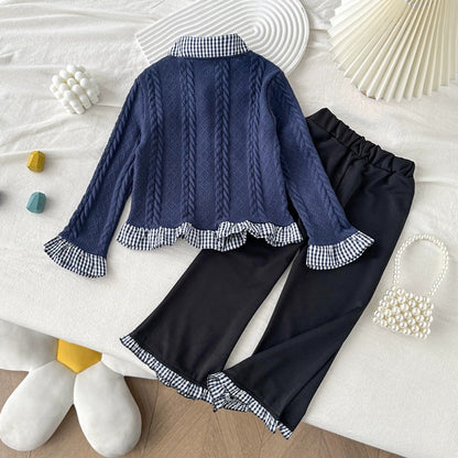 Girls Navy Blue Knit Cardigan and Flared Pants Fashion 2-Piece Set for 2T-8 Years