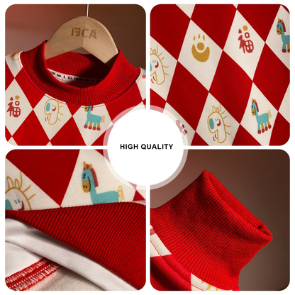 Boys Red Geometric Sweatshirt and Black Pants 2 Pieces Fleece Outfit Set