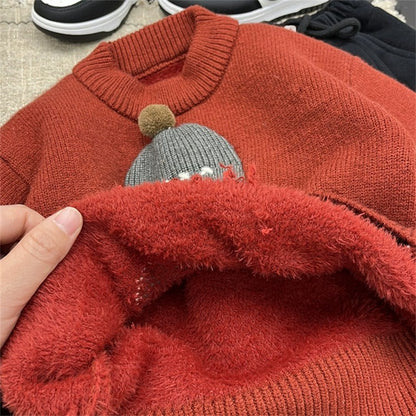 Boys Red Knit Fleece Sweater Round Neck Top with Dog-in-Hat Decor