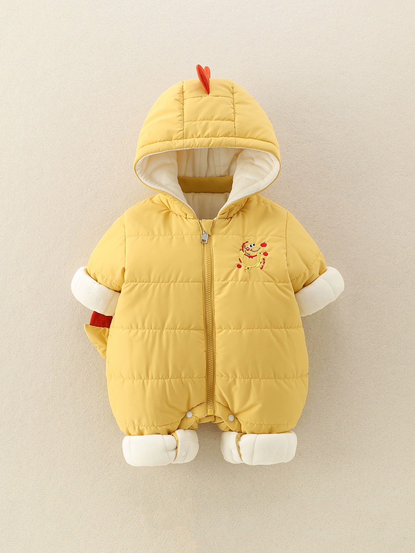 Yellow Baby Hooded Romper Cute Padded Jumpsuit with Cartoon Print