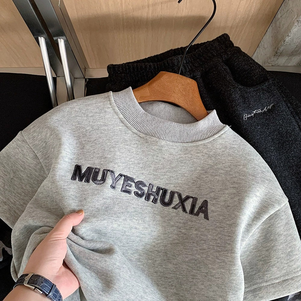 Boys Camo Sweatshirt Gray Fleece-Lined Pullover with Camouflage Sleeves