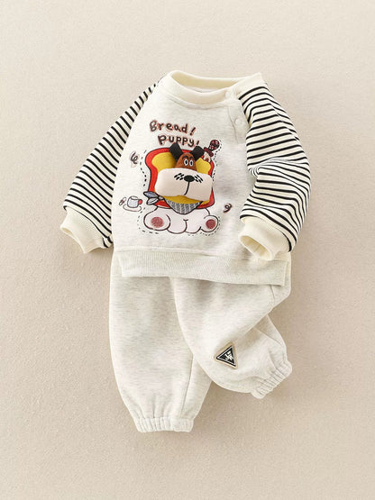 Baby Boy Two-Piece Set Outfit with 3D Dog Pattern Fleece-Lined Grey Pullover and Pants