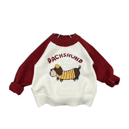 Boys Red and White Knit Sweater Colorblock Pullover with Puppy Print