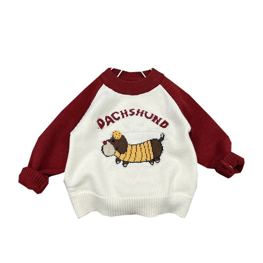Boys Red and White Knit Sweater Colorblock Pullover with Puppy Print