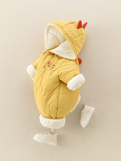Yellow Baby Hooded Romper Cute Padded Jumpsuit with Cartoon Print