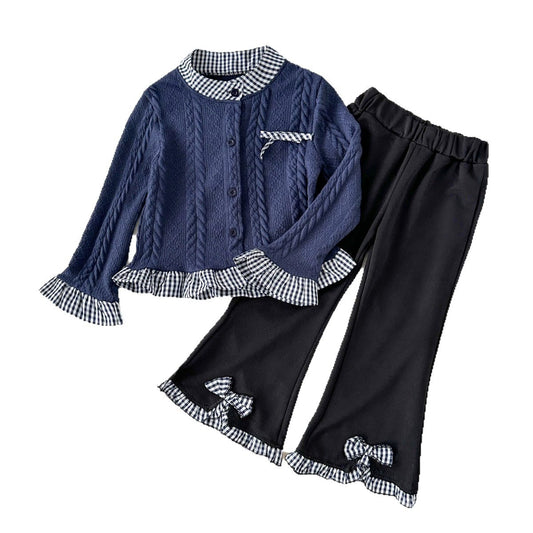 Girls Navy Blue Knit Cardigan and Flared Pants Fashion 2-Piece Set for 2T-8 Years